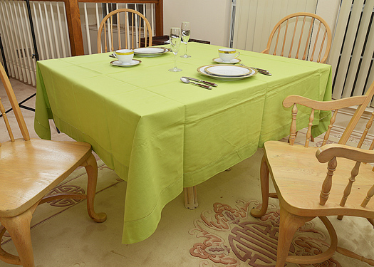 Happy Festive 70" Square tablecloth. Macaw Green color - Click Image to Close